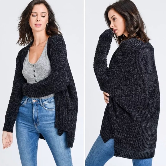 Sweaters - Chenille Oversized Long Sleeve Soft Black Cardigan, size small